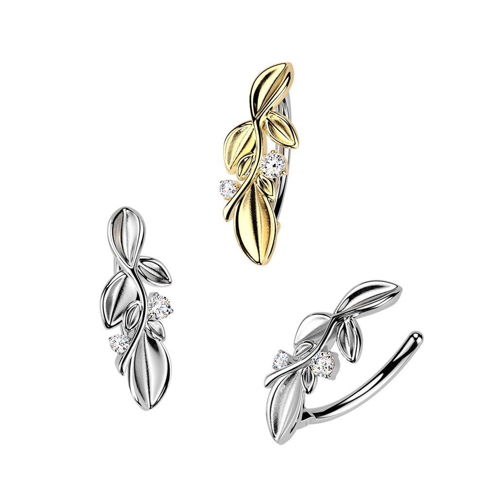 Bauchnabelpiercing Zweig mit Blättern und Kristallzirkonias